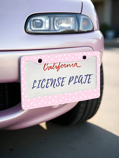 1pc Pink Heart- Printed License Plate Frame, A Novelty And Cartoon- Themed Auto Decoration. Made Of Aluminum, 6x12 Inches, 2- Hole Type With Screw Set. Meets US Auto Standards.
