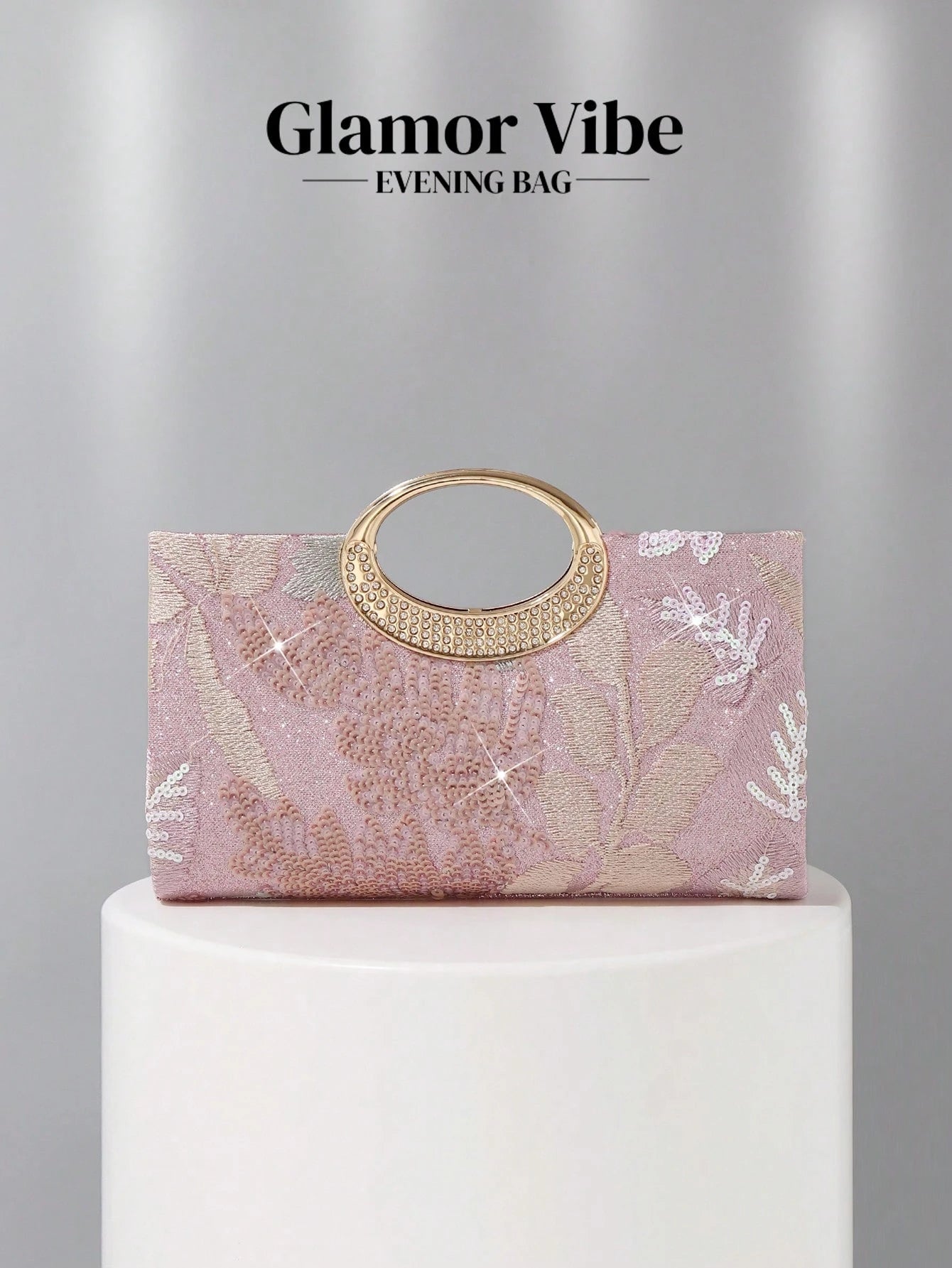 1pc Pink Sequin Embroidered Floral Evening Bag, Metal Ring Handle Formal Party Clutch, Sequin Embroidery Craft, 3D Floral Design (Random Pattern), Essential Wedding Accessory, Valentine's Day Gift, Su