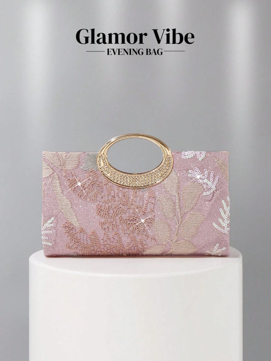1pc Pink Sequin Embroidered Floral Evening Bag, Metal Ring Handle Formal Party Clutch, Sequin Embroidery Craft, 3D Floral Design (Random Pattern), Essential Wedding Accessory, Valentine's Day Gift, Su