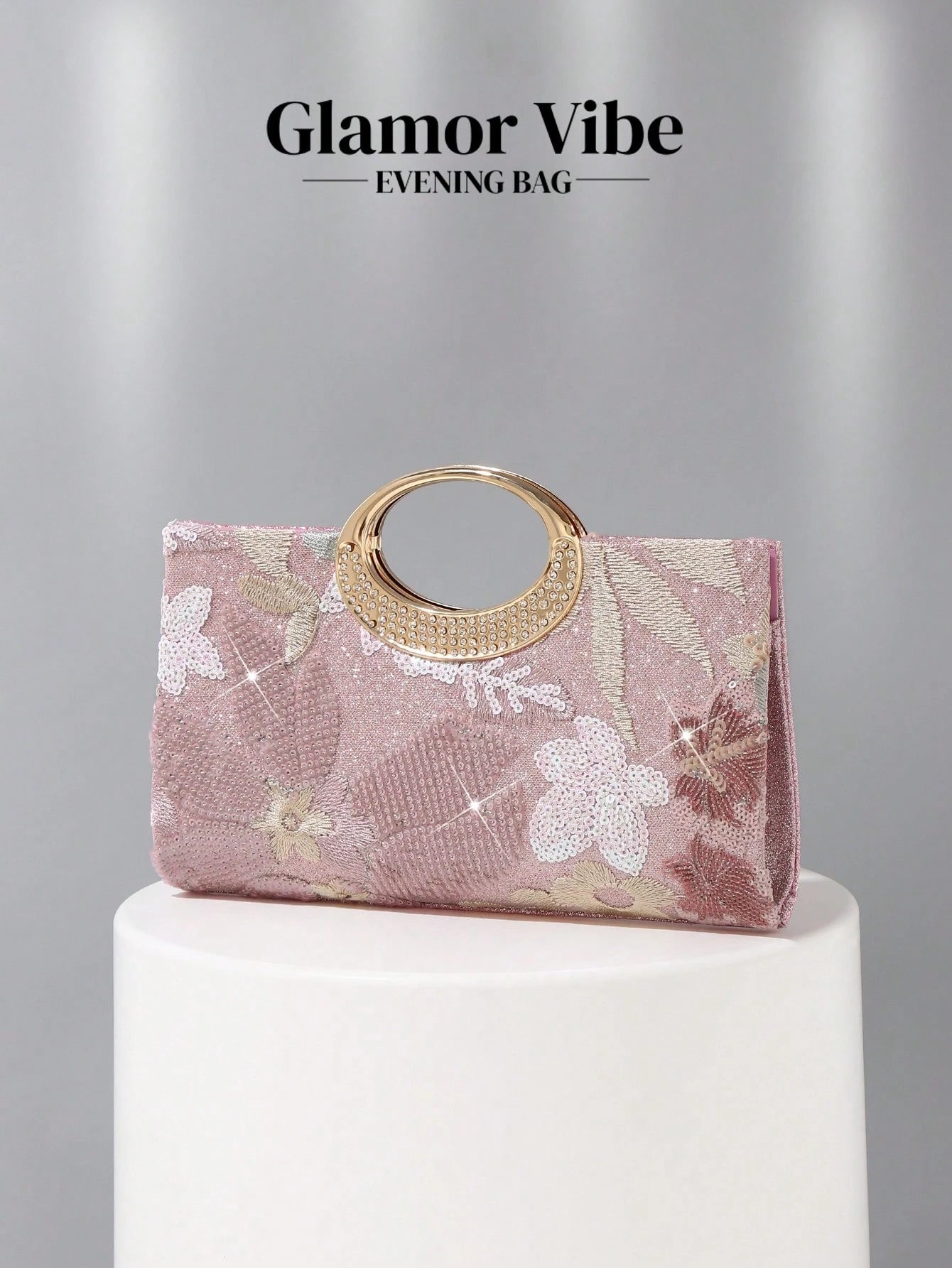 1pc Pink Sequin Embroidered Floral Evening Bag, Metal Ring Handle Formal Party Clutch, Sequin Embroidery Craft, 3D Floral Design (Random Pattern), Essential Wedding Accessory, Valentine's Day Gift, Su