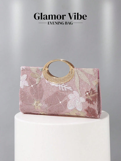 1pc Pink Sequin Embroidered Floral Evening Bag, Metal Ring Handle Formal Party Clutch, Sequin Embroidery Craft, 3D Floral Design (Random Pattern), Essential Wedding Accessory, Valentine's Day Gift, Su
