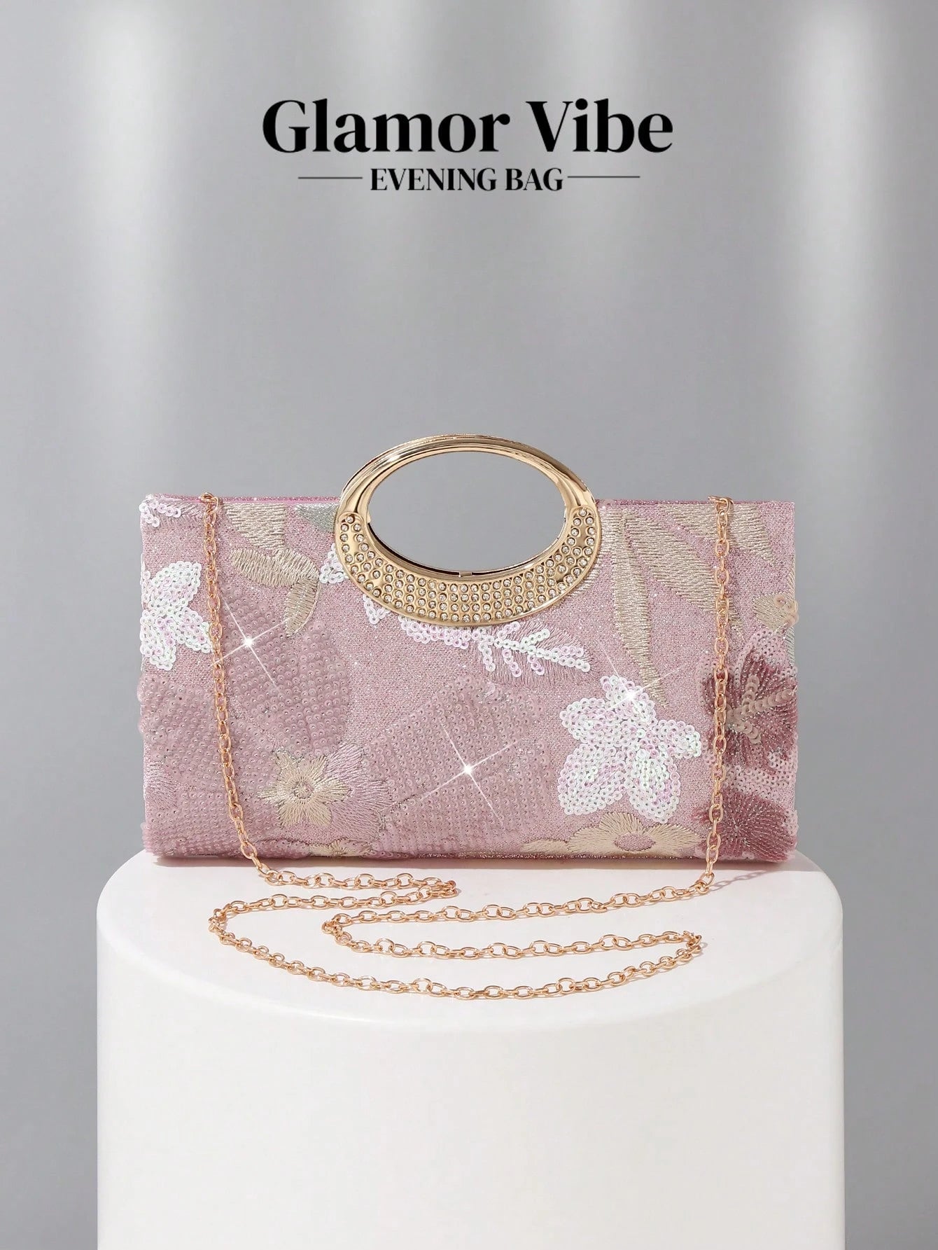 1pc Pink Sequin Embroidered Floral Evening Bag, Metal Ring Handle Formal Party Clutch, Sequin Embroidery Craft, 3D Floral Design (Random Pattern), Essential Wedding Accessory, Valentine's Day Gift, Su