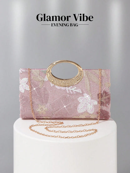1pc Pink Sequin Embroidered Floral Evening Bag, Metal Ring Handle Formal Party Clutch, Sequin Embroidery Craft, 3D Floral Design (Random Pattern), Essential Wedding Accessory, Valentine's Day Gift, Su