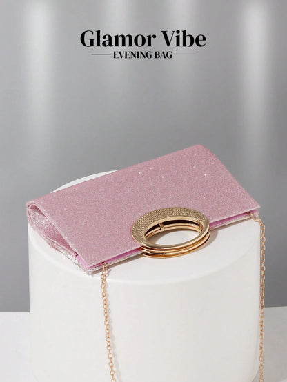 1pc Pink Sequin Embroidered Floral Evening Bag, Metal Ring Handle Formal Party Clutch, Sequin Embroidery Craft, 3D Floral Design (Random Pattern), Essential Wedding Accessory, Valentine's Day Gift, Su