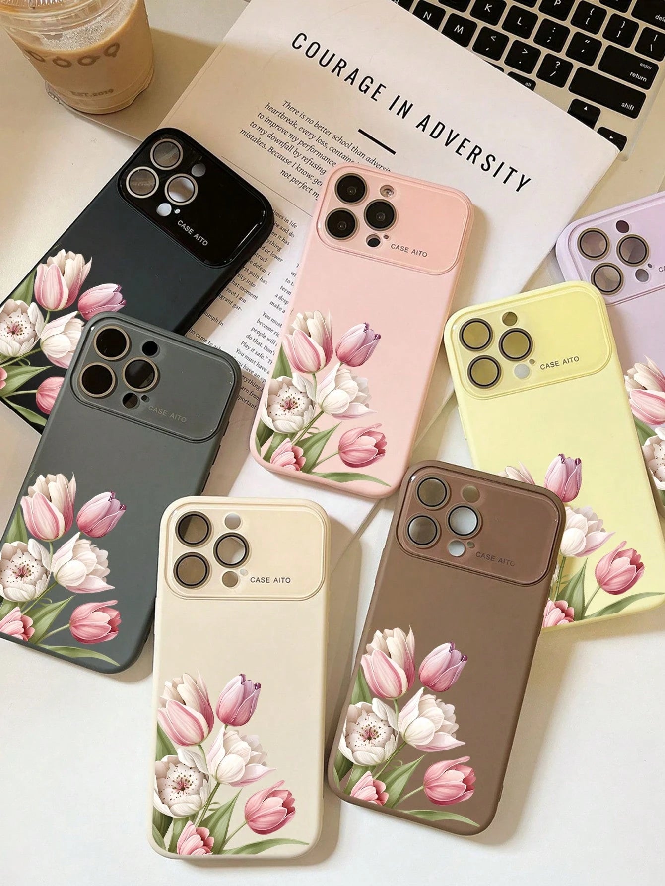 1Pc Pink Tulips Bouquet, Multi Color Optional Dopamine INS Style Cute Phone Case, Skin-Friendly Soft Touch Full Camera Protection Shockproof Anti-Scratch Slim Protective Cover For IPhone 17 Pro Max 16