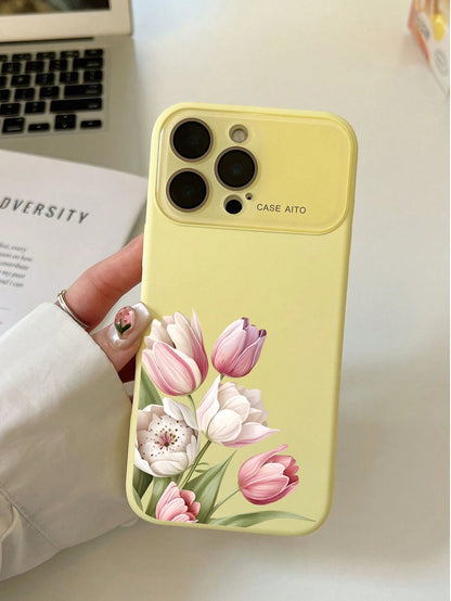 1Pc Pink Tulips Bouquet, Multi Color Optional Dopamine INS Style Cute Phone Case, Skin-Friendly Soft Touch Full Camera Protection Shockproof Anti-Scratch Slim Protective Cover For IPhone 17 Pro Max 16