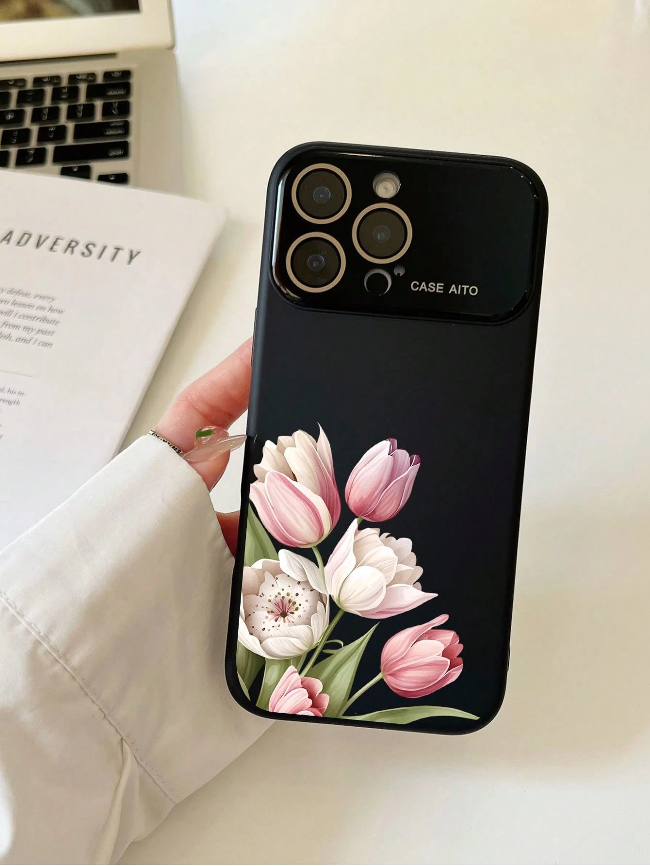 1Pc Pink Tulips Bouquet, Multi Color Optional Dopamine INS Style Cute Phone Case, Skin-Friendly Soft Touch Full Camera Protection Shockproof Anti-Scratch Slim Protective Cover For IPhone 17 Pro Max 16