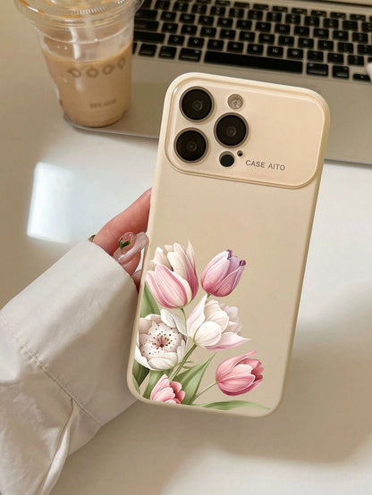 1Pc Pink Tulips Bouquet, Multi Color Optional Dopamine INS Style Cute Phone Case, Skin-Friendly Soft Touch Full Camera Protection Shockproof Anti-Scratch Slim Protective Cover For IPhone 17 Pro Max 16
