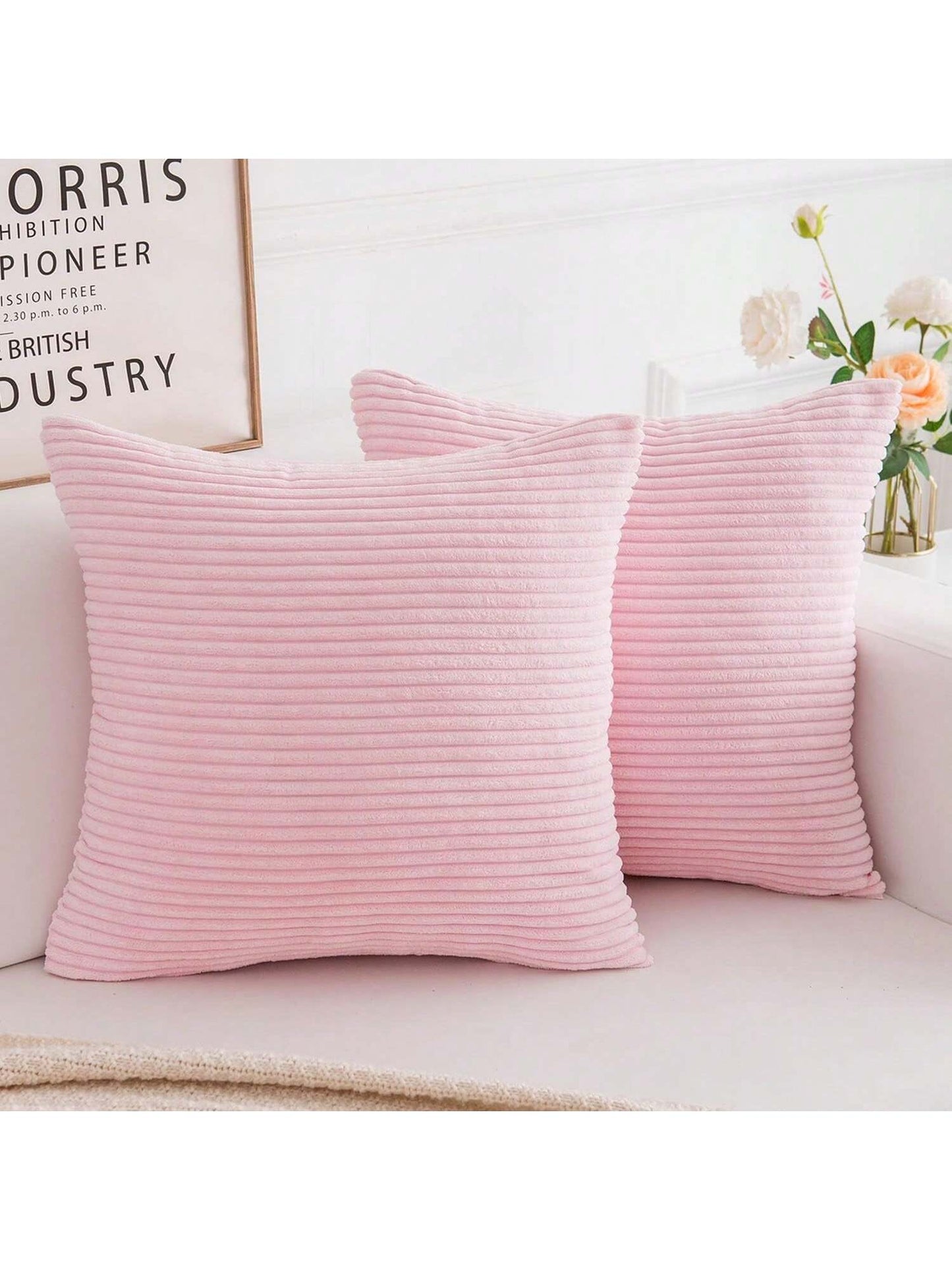 1pc Plain Cushion Cover Without Filler, Striped Corduroy Square Pillowcase For Sofa, Home Decor
