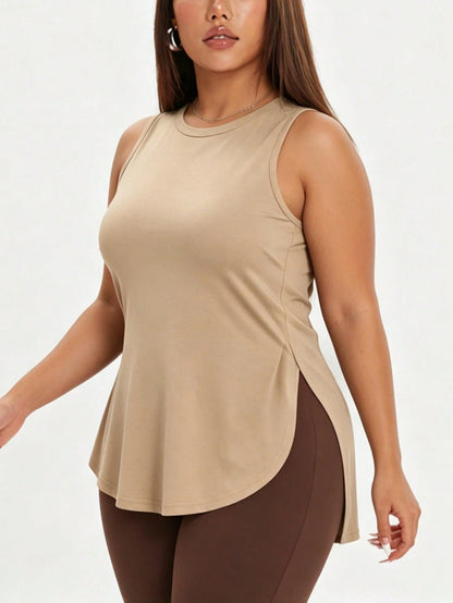 1pc Plus Size Women's Casual Sports Loose Tank Top T-Shirt, Small Round Neck Sleeveless Side Slit Comfortable Soft Fabric, Essential For Daily Casual Outings, Sports, Fitness And Layering, Summer Styl