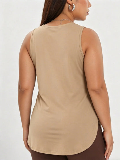 1pc Plus Size Women's Casual Sports Loose Tank Top T-Shirt, Small Round Neck Sleeveless Side Slit Comfortable Soft Fabric, Essential For Daily Casual Outings, Sports, Fitness And Layering, Summer Styl