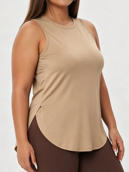 1pc Plus Size Women's Casual Sports Loose Tank Top T-Shirt, Small Round Neck Sleeveless Side Slit Comfortable Soft Fabric, Essential For Daily Casual Outings, Sports, Fitness And Layering, Summer Styl