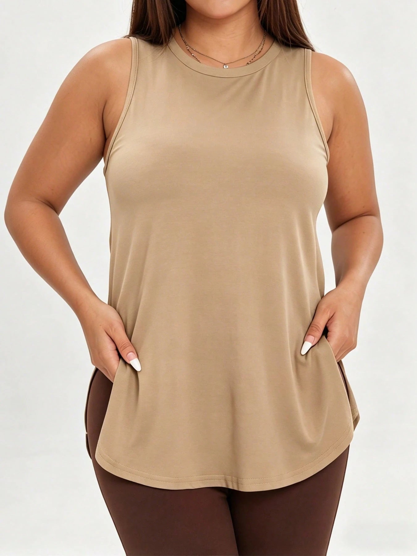 1pc Plus Size Women's Casual Sports Loose Tank Top T-Shirt, Small Round Neck Sleeveless Side Slit Comfortable Soft Fabric, Essential For Daily Casual Outings, Sports, Fitness And Layering, Summer Styl
