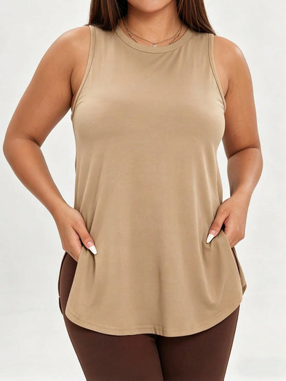1pc Plus Size Women's Casual Sports Loose Tank Top T-Shirt, Small Round Neck Sleeveless Side Slit Comfortable Soft Fabric, Essential For Daily Casual Outings, Sports, Fitness And Layering, Summer Styl