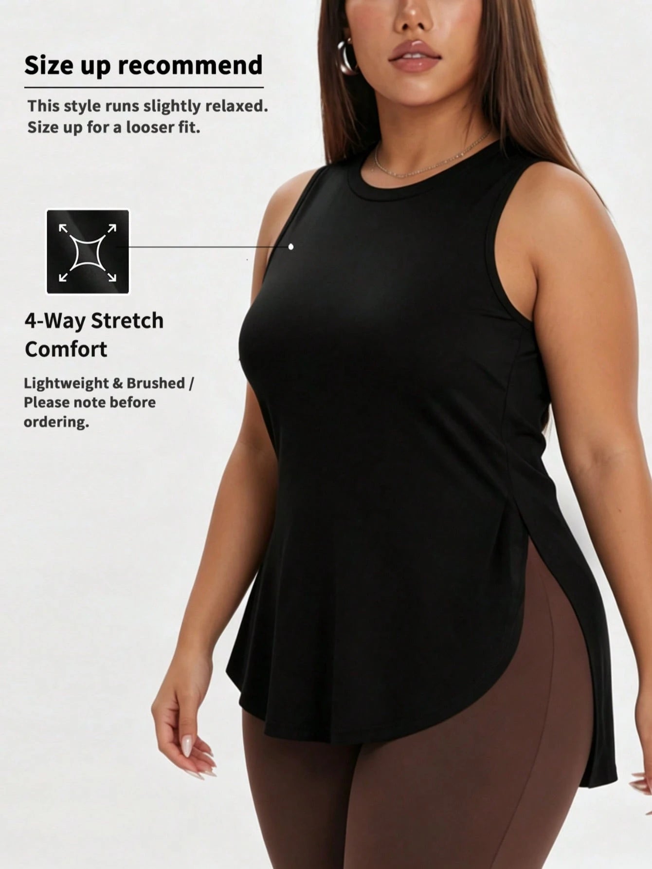 1pc Plus Size Women's Casual Sports Loose Tank Top T-Shirt, Small Round Neck Sleeveless Side Slit Comfortable Soft Fabric, Essential For Daily Casual Outings, Sports, Fitness And Layering, Summer Styl