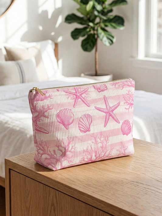 1pc Portable Cosmetic Bag, Ocean Series Shell & Starfish Pattern Double-Sided Printed Travel Zipper Cosmetic Pouch, Multi-Functional Toiletry Storage Bag,Fall Decor,Autumn Decor,Room Decor