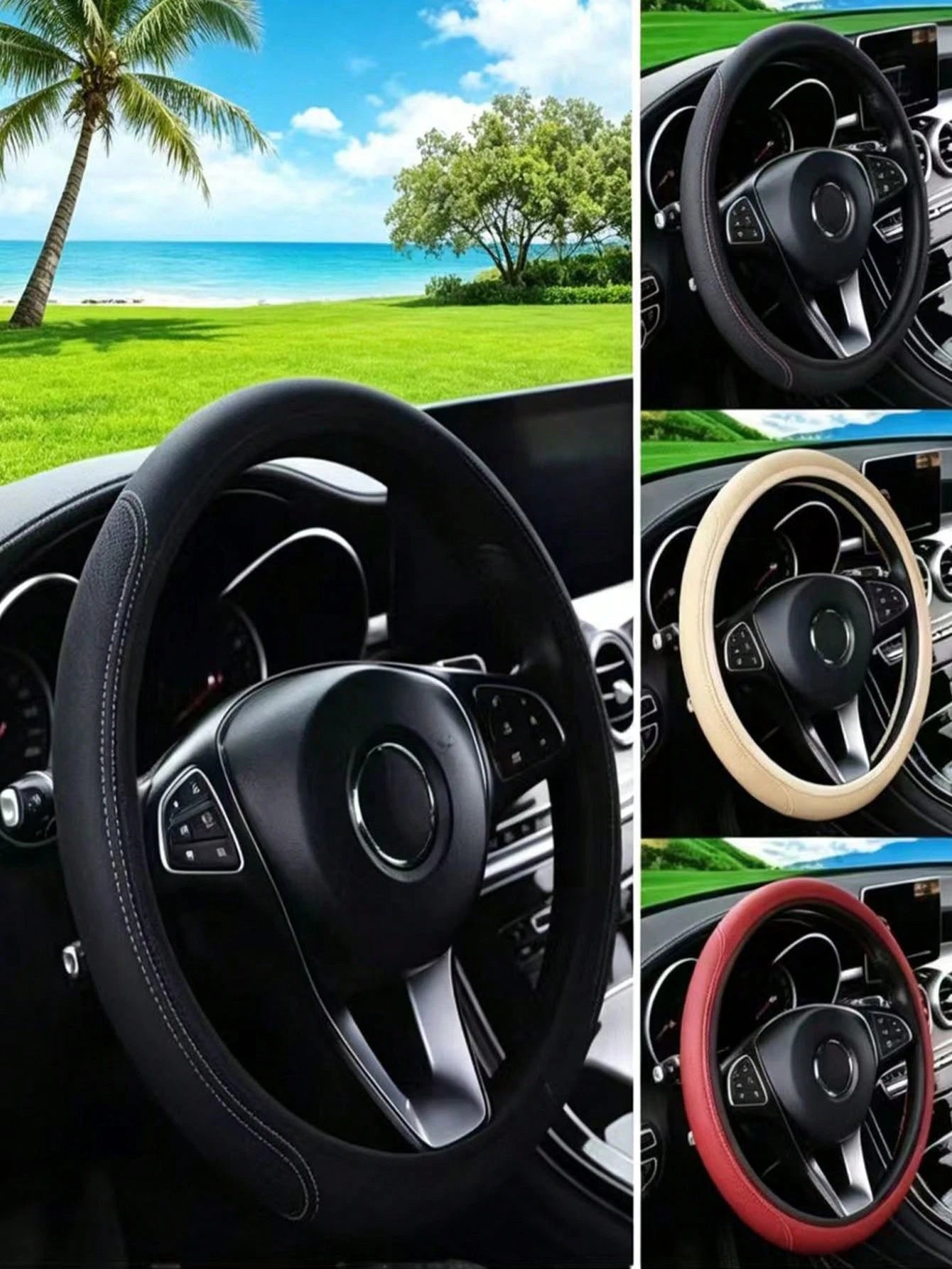 1pc PU Leather 3D Comfortable Anti-Slip Fiber Leather Double Round Wear-Resistant Embossed Texture Car Steering Wheel Cover (No Inner Ring), Suitable For 14.5-15 Inch Universal Car Accessories
