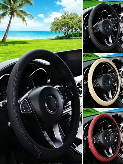 1pc PU Leather 3D Comfortable Anti-Slip Fiber Leather Double Round Wear-Resistant Embossed Texture Car Steering Wheel Cover (No Inner Ring), Suitable For 14.5-15 Inch Universal Car Accessories
