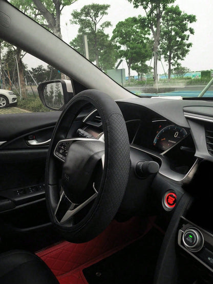 1pc PU Leather 3D Comfortable Anti-Slip Fiber Leather Double Round Wear-Resistant Embossed Texture Car Steering Wheel Cover (No Inner Ring), Suitable For 14.5-15 Inch Universal Car Accessories