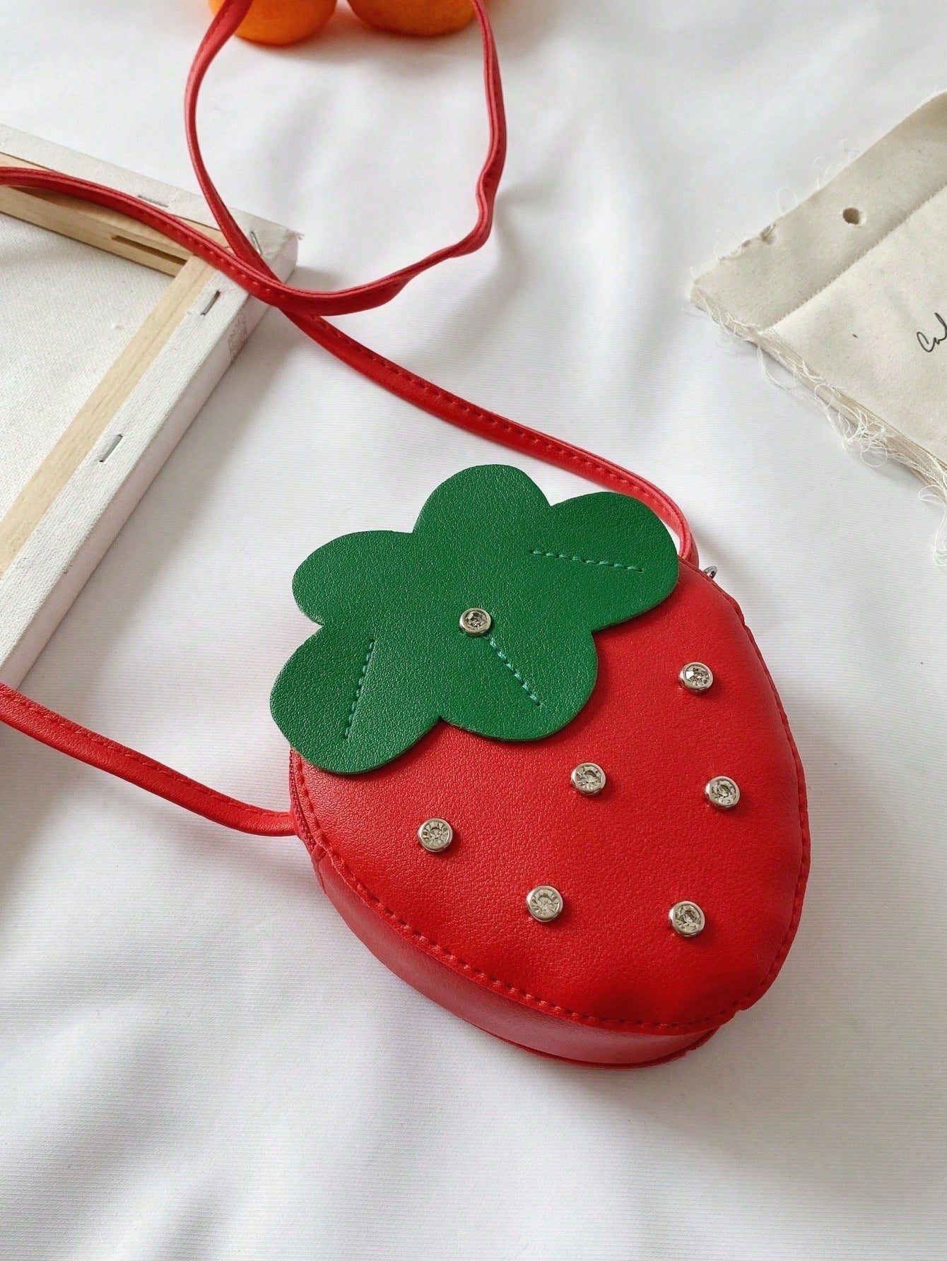 1pc PU Leather Zipper Closure Cute Fashion Rhinestone Strawberry Mini Crossbody Bag For Daily Use