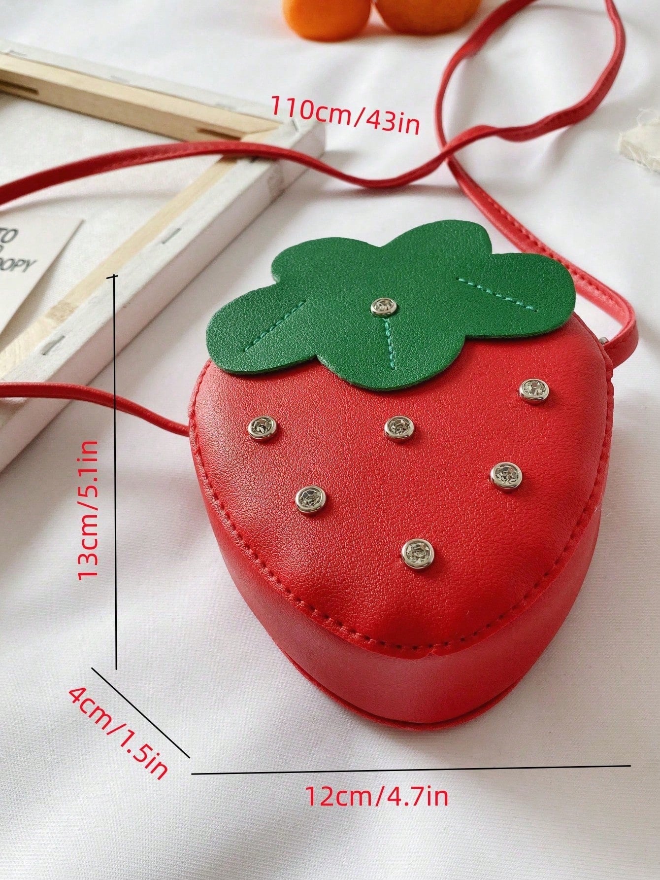 1pc PU Leather Zipper Closure Cute Fashion Rhinestone Strawberry Mini Crossbody Bag For Daily Use