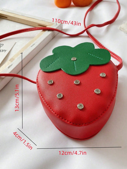 1pc PU Leather Zipper Closure Cute Fashion Rhinestone Strawberry Mini Crossbody Bag For Daily Use