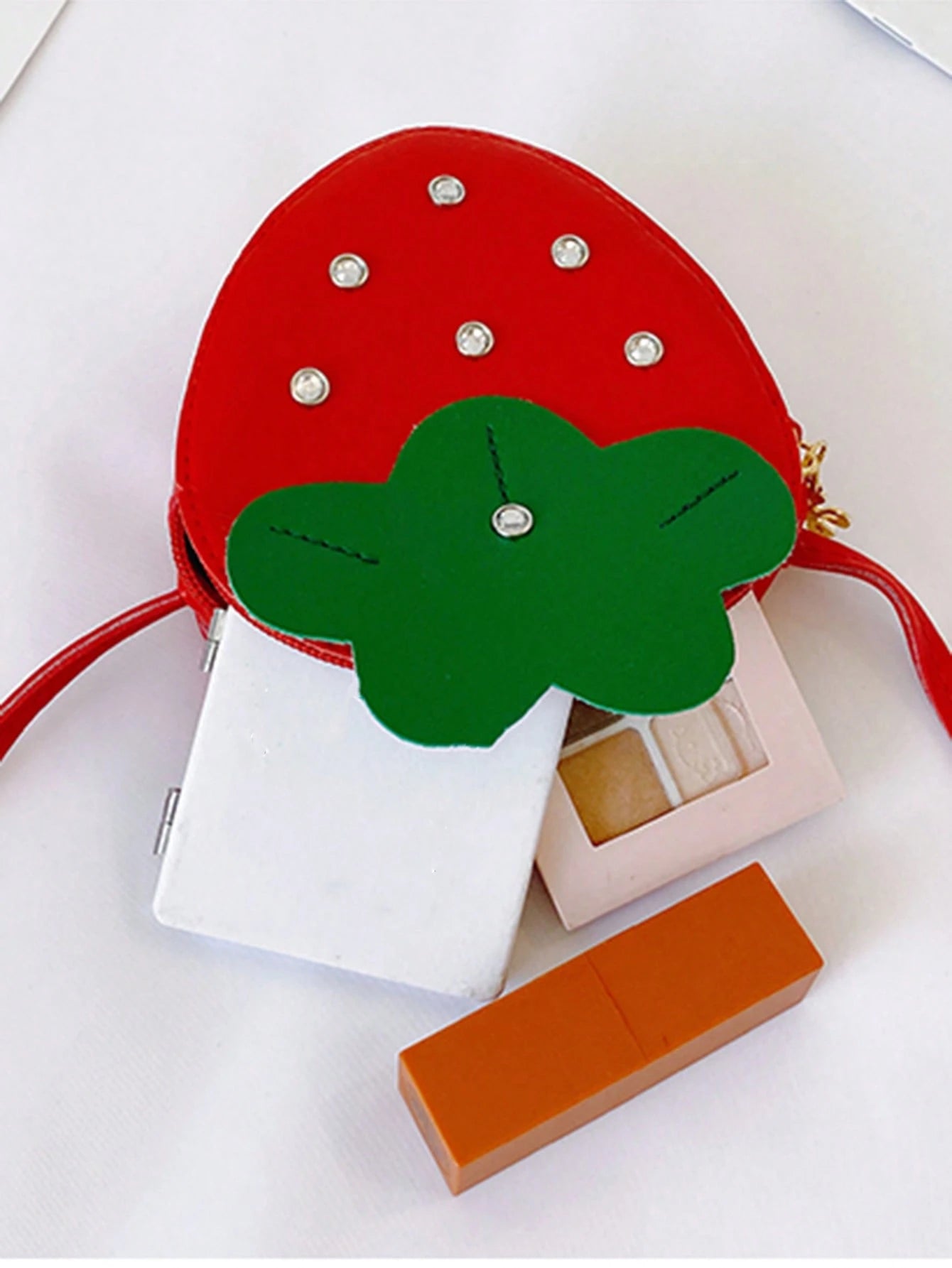 1pc PU Leather Zipper Closure Cute Fashion Rhinestone Strawberry Mini Crossbody Bag For Daily Use
