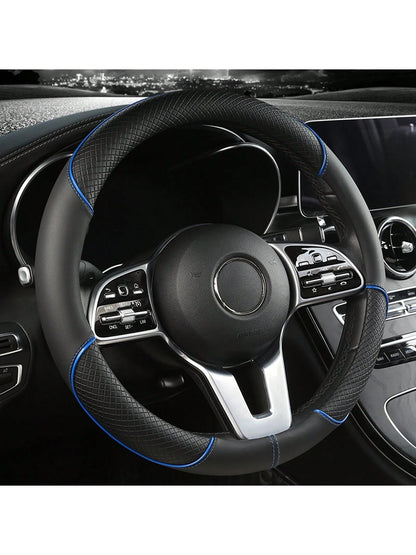 1pc PU Spliced Car Steering Wheel Cover Non-Slip Wear Resistant Suitable For All Seasons Fits 14.5-15in Diameter