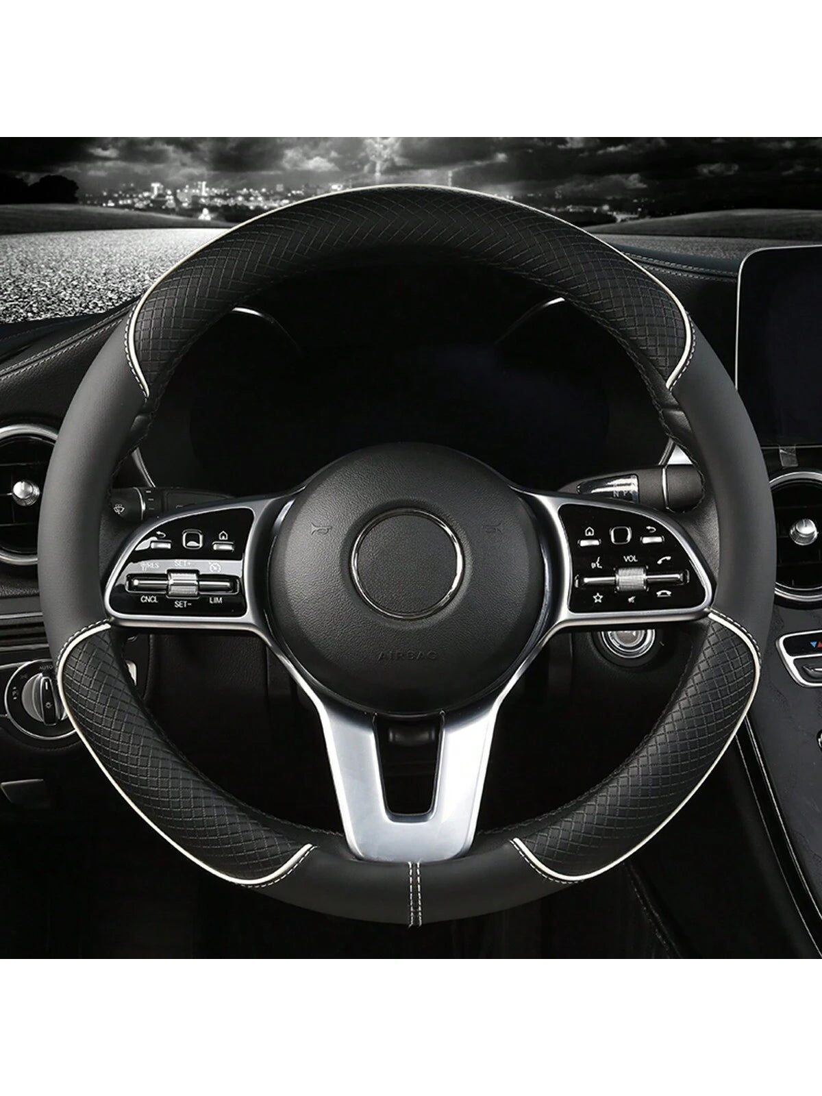 1pc PU Spliced Car Steering Wheel Cover Non-Slip Wear Resistant Suitable For All Seasons Fits 14.5-15in Diameter