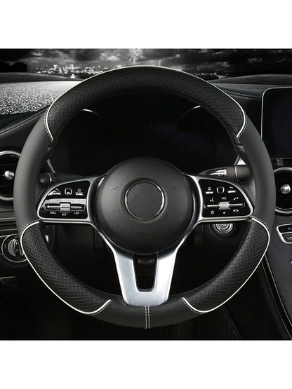 1pc PU Spliced Car Steering Wheel Cover Non-Slip Wear Resistant Suitable For All Seasons Fits 14.5-15in Diameter