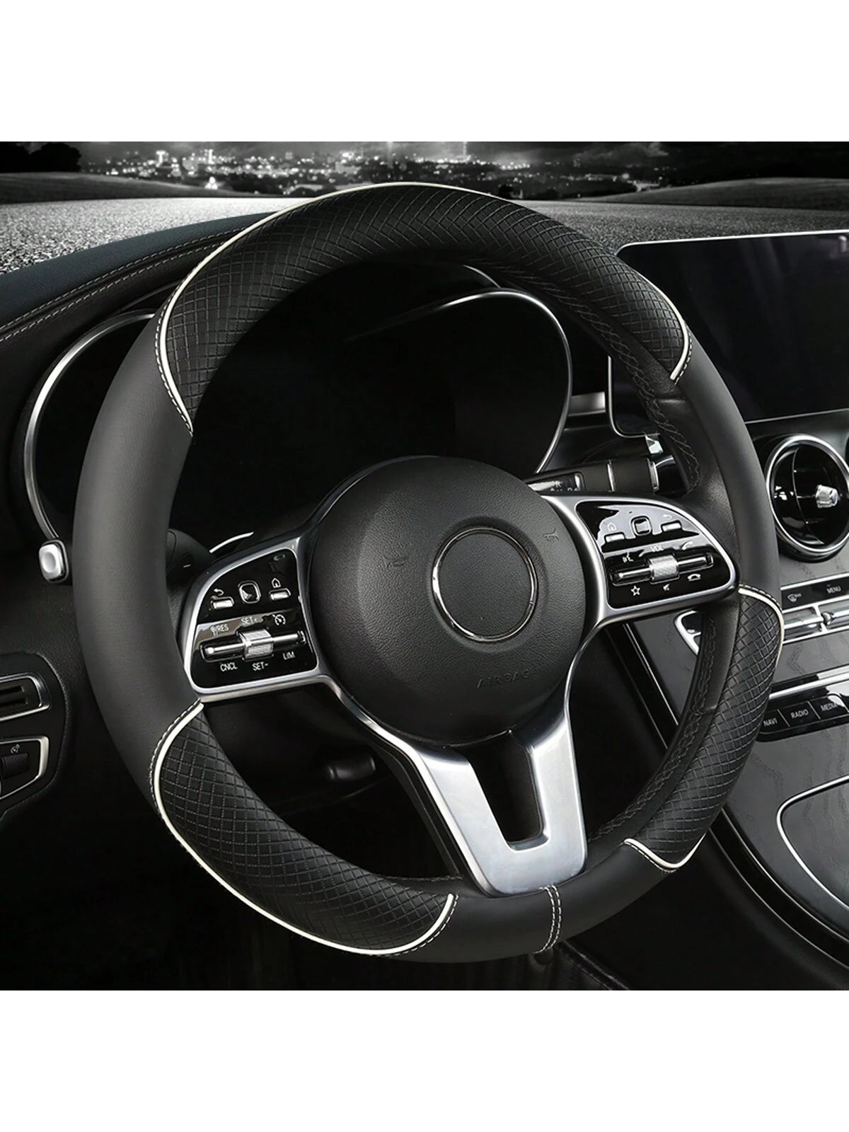 1pc PU Spliced Car Steering Wheel Cover Non-Slip Wear Resistant Suitable For All Seasons Fits 14.5-15in Diameter