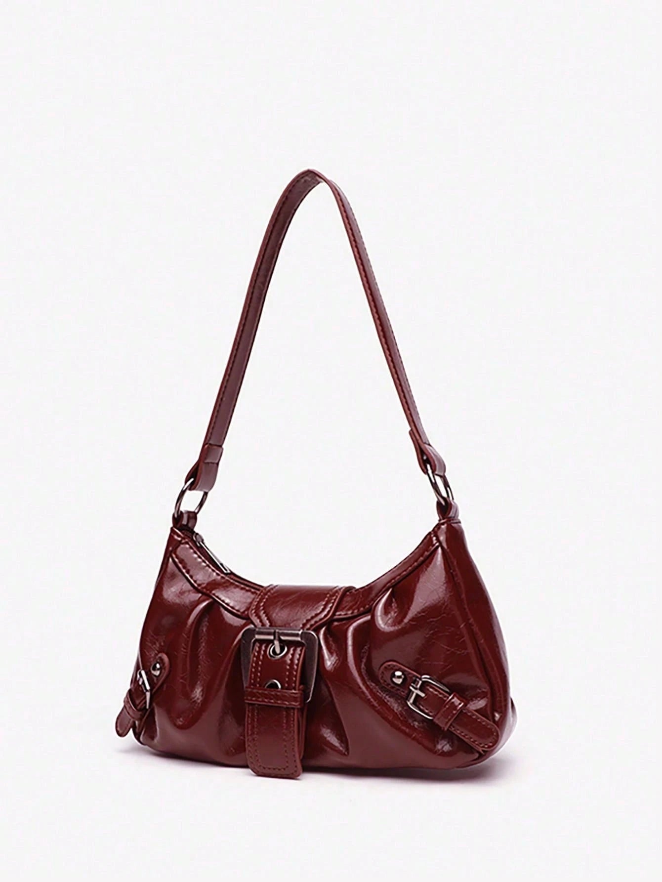 1pc PU Y2K Women's Vintage Maillard Wasteland Style Soft Distressed Leather Motorcycle Bag With Rivet Buckle Decor, Ruched Cloud Design Shoulder Underarm Bag, Baguette Square Bag For Work, Commute, Da