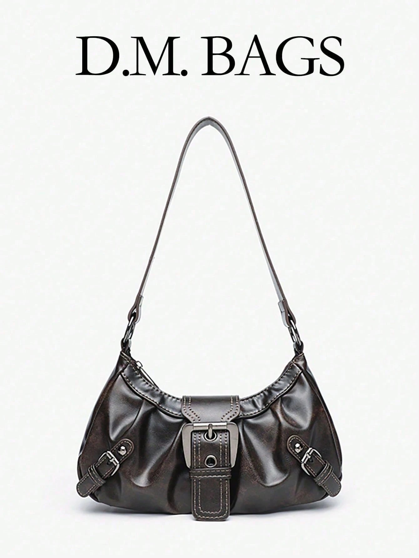 1pc PU Y2K Women's Vintage Maillard Wasteland Style Soft Distressed Leather Motorcycle Bag With Rivet Buckle Decor, Ruched Cloud Design Shoulder Underarm Bag, Baguette Square Bag For Work, Commute, Da