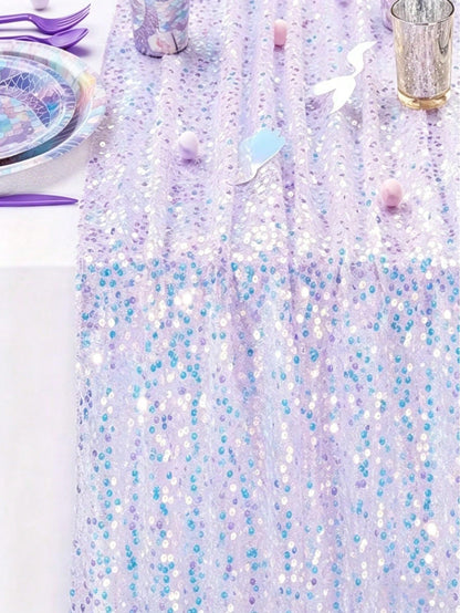 1pc Purple Mermaid Sequin Table Runner, Party Tablecloth, Tablecloth, Birthday Table Runner, Birthday Party Supplies, Baby Party Decor, Wedding Decor Supplies, Bridal Shower, Girls Birthday Gift, Part