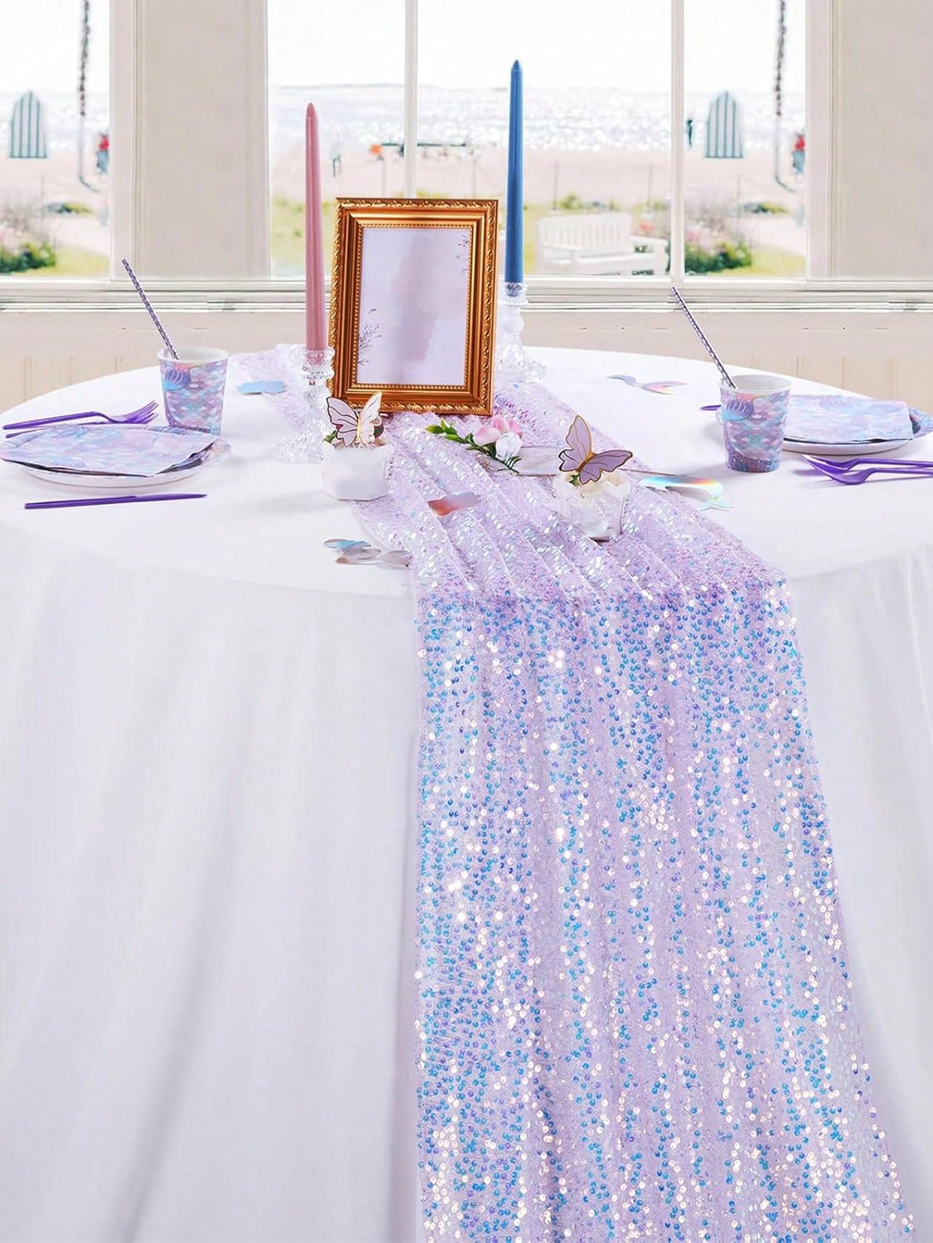 1pc Purple Mermaid Sequin Table Runner, Party Tablecloth, Tablecloth, Birthday Table Runner, Birthday Party Supplies, Baby Party Decor, Wedding Decor Supplies, Bridal Shower, Girls Birthday Gift, Part