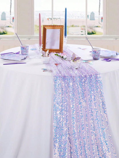 1pc Purple Mermaid Sequin Table Runner, Party Tablecloth, Tablecloth, Birthday Table Runner, Birthday Party Supplies, Baby Party Decor, Wedding Decor Supplies, Bridal Shower, Girls Birthday Gift, Part