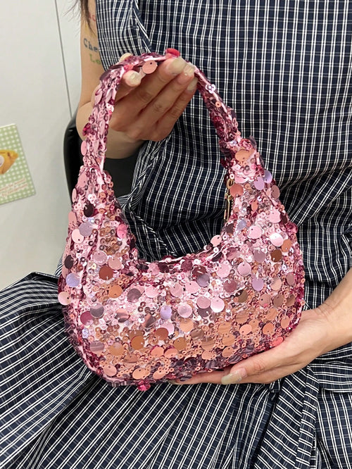 1pc Quilted Zipper Closure PVC Sequin Crescent Handbag, Fashion Design Tote Sequin Bag For Women, Stylish Clutch Purse For Evening Party, Spacious Shiny Glitter Bag, Suitable For Women To Attend Banqu