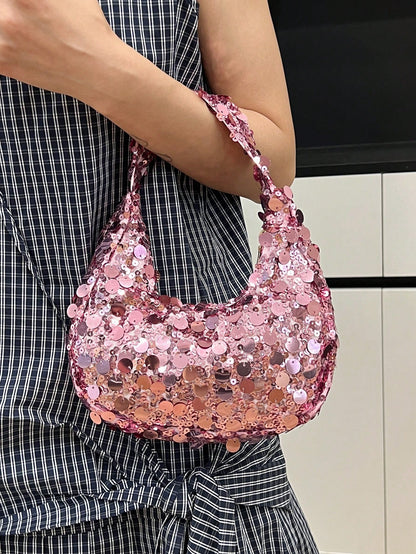 1pc Quilted Zipper Closure PVC Sequin Crescent Handbag, Fashion Design Tote Sequin Bag For Women, Stylish Clutch Purse For Evening Party, Spacious Shiny Glitter Bag, Suitable For Women To Attend Banqu