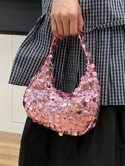 1pc Quilted Zipper Closure PVC Sequin Crescent Handbag, Fashion Design Tote Sequin Bag For Women, Stylish Clutch Purse For Evening Party, Spacious Shiny Glitter Bag, Suitable For Women To Attend Banqu