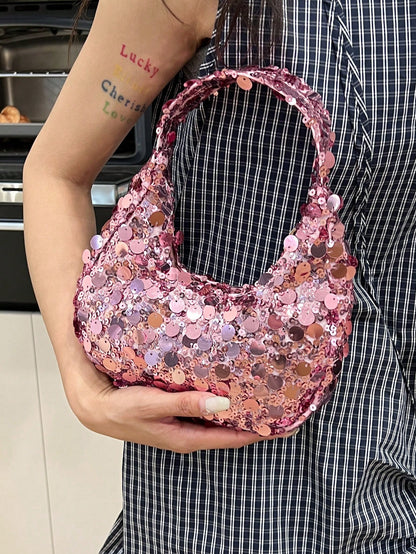 1pc Quilted Zipper Closure PVC Sequin Crescent Handbag, Fashion Design Tote Sequin Bag For Women, Stylish Clutch Purse For Evening Party, Spacious Shiny Glitter Bag, Suitable For Women To Attend Banqu