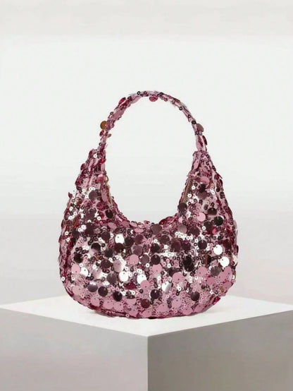 1pc Quilted Zipper Closure PVC Sequin Crescent Handbag, Fashion Design Tote Sequin Bag For Women, Stylish Clutch Purse For Evening Party, Spacious Shiny Glitter Bag, Suitable For Women To Attend Banqu