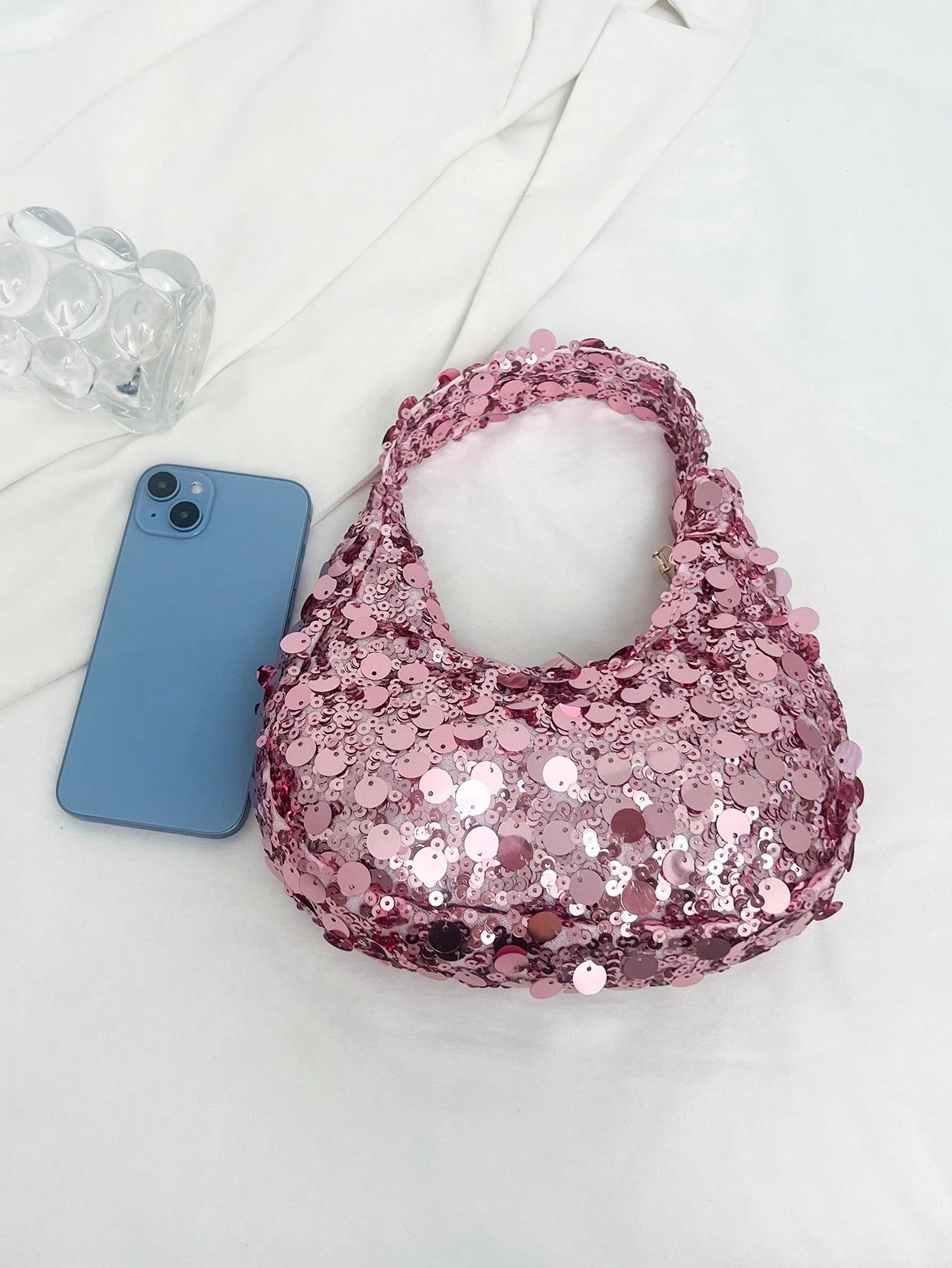 1pc Quilted Zipper Closure PVC Sequin Crescent Handbag, Fashion Design Tote Sequin Bag For Women, Stylish Clutch Purse For Evening Party, Spacious Shiny Glitter Bag, Suitable For Women To Attend Banqu