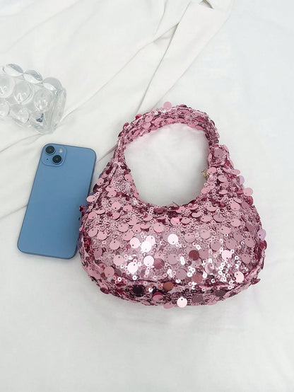 1pc Quilted Zipper Closure PVC Sequin Crescent Handbag, Fashion Design Tote Sequin Bag For Women, Stylish Clutch Purse For Evening Party, Spacious Shiny Glitter Bag, Suitable For Women To Attend Banqu