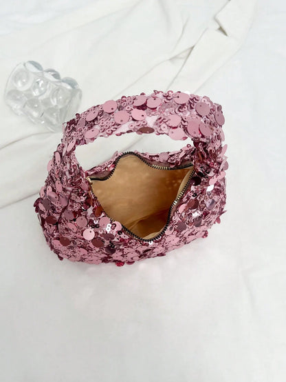 1pc Quilted Zipper Closure PVC Sequin Crescent Handbag, Fashion Design Tote Sequin Bag For Women, Stylish Clutch Purse For Evening Party, Spacious Shiny Glitter Bag, Suitable For Women To Attend Banqu