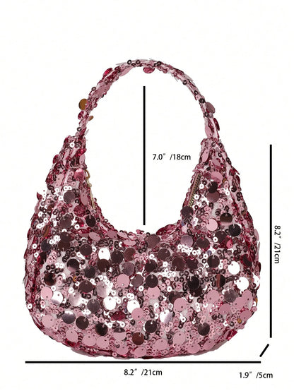 1pc Quilted Zipper Closure PVC Sequin Crescent Handbag, Fashion Design Tote Sequin Bag For Women, Stylish Clutch Purse For Evening Party, Spacious Shiny Glitter Bag, Suitable For Women To Attend Banqu
