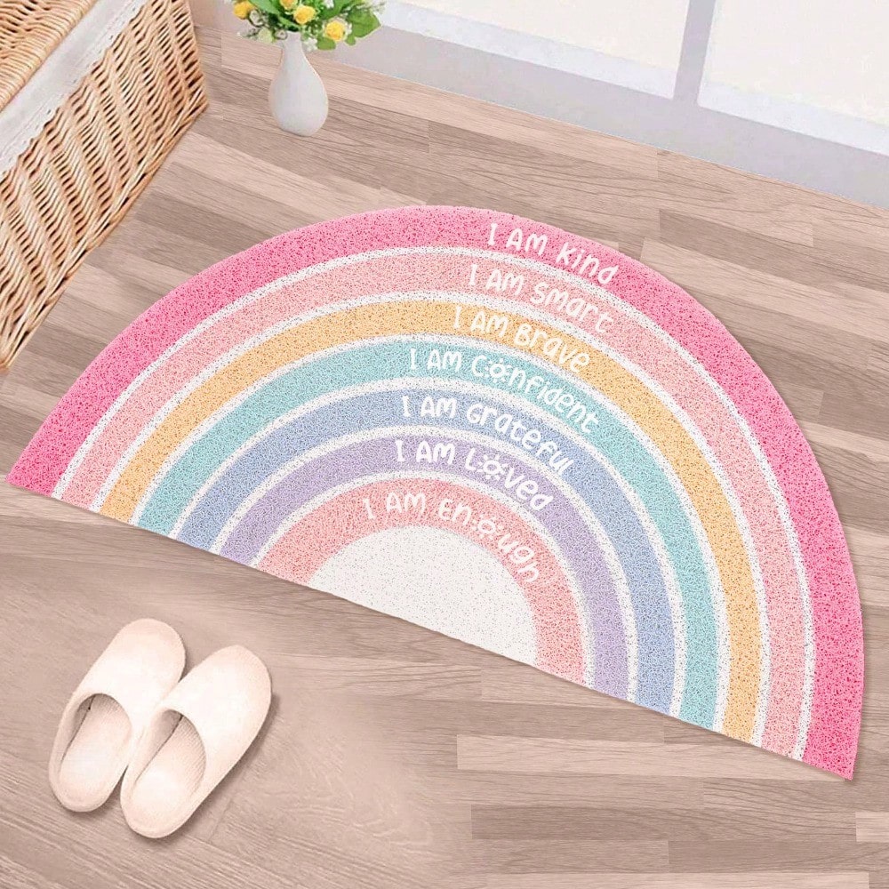 1PC Rainbow Doormat, Welcome Doormat, Semi-Circular Rug Printed With Inspirational Quotes, Bohemian Style, Non-Slip And Stain-Resistant, Suitable For Children's Rooms And Classrooms (Neutral Color). C