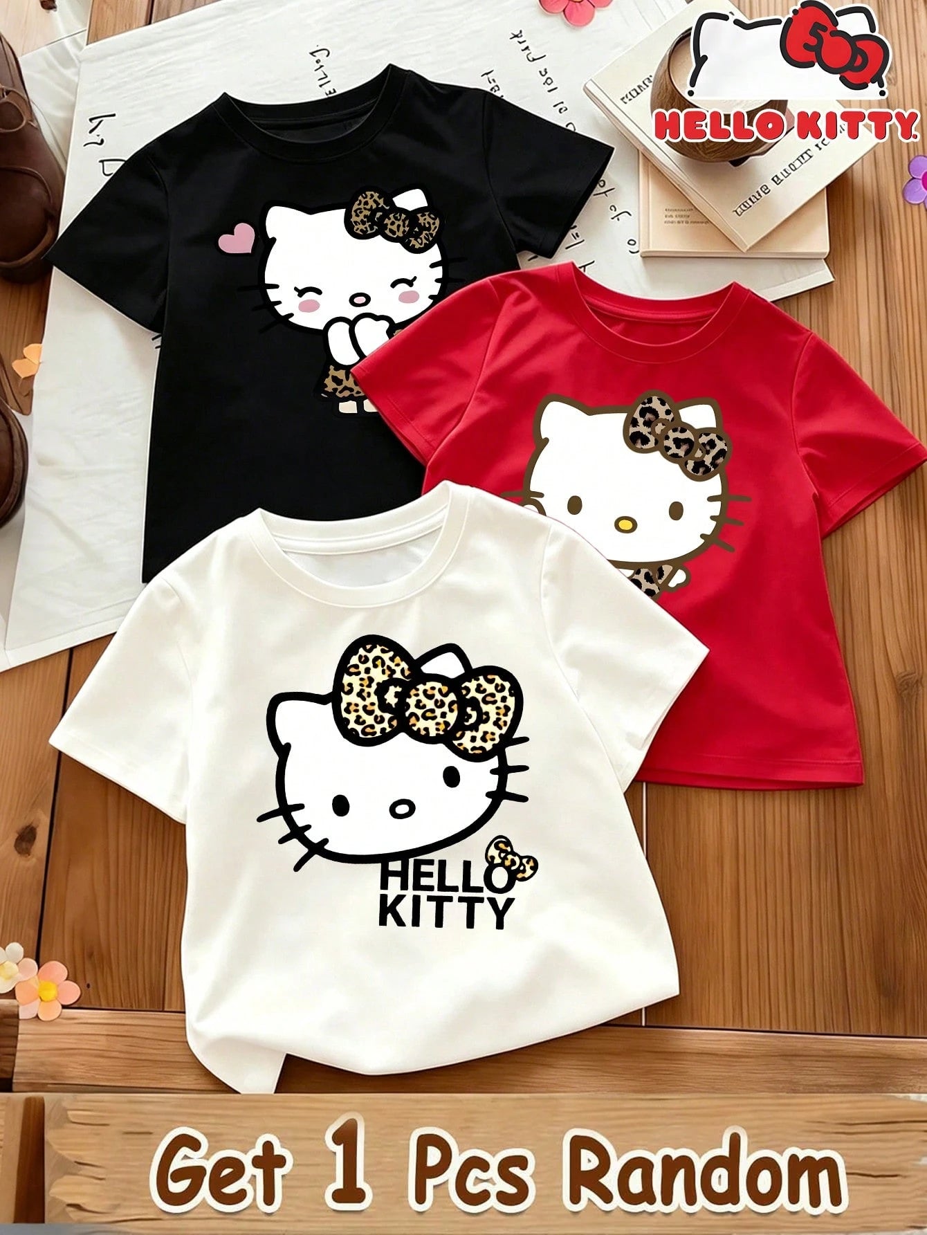 1Pc (Random 3 Styles, Send 1 Pc),Girls Short Sleeve Tee With Leopard Bow Hello Kitty Graphic, Crew Neck Casual Daily Summer Top