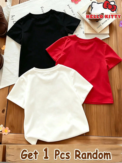 1Pc (Random 3 Styles, Send 1 Pc),Girls Short Sleeve Tee With Leopard Bow Hello Kitty Graphic, Crew Neck Casual Daily Summer Top