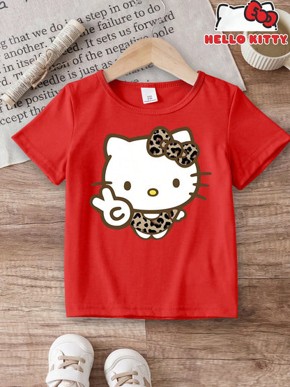 1Pc (Random 3 Styles, Send 1 Pc),Girls Short Sleeve Tee With Leopard Bow Hello Kitty Graphic, Crew Neck Casual Daily Summer Top