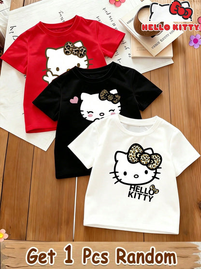 1Pc (Random 3 Styles, Send 1 Pc),Girls Short Sleeve Tee With Leopard Bow Hello Kitty Graphic, Crew Neck Casual Daily Summer Top